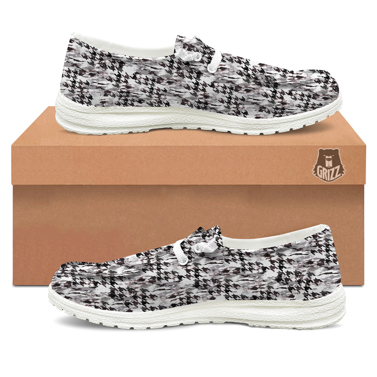 Abstract Houndstooth And Camo Print Pattern White Loafers-grizzshop
