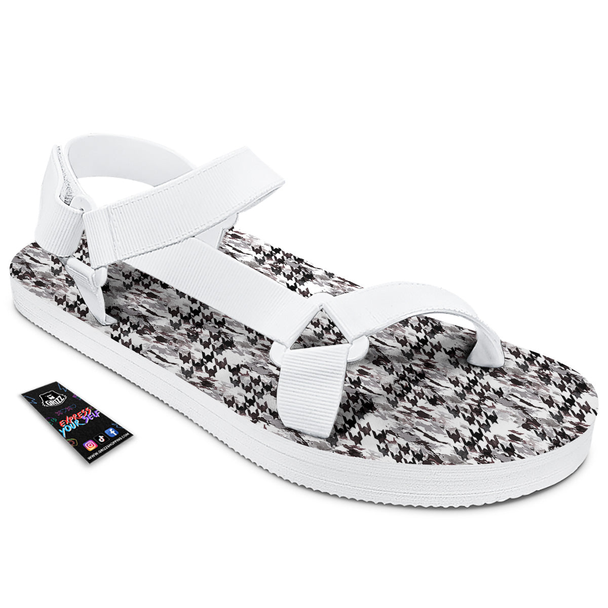 Abstract Houndstooth And Camo Print Pattern White Open Toe Sandals-grizzshop