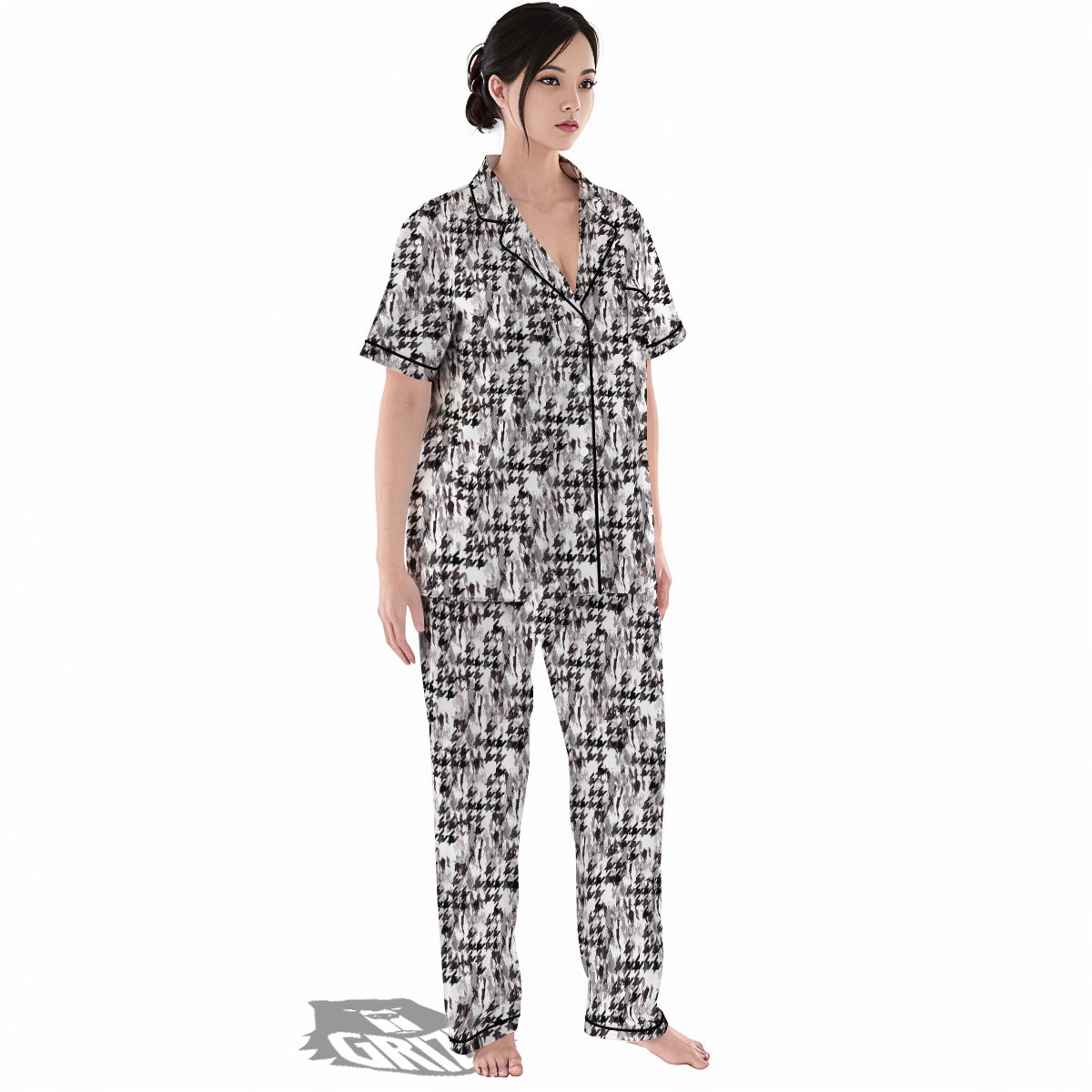 Abstract Houndstooth And Camo Print Pattern Women's Pajamas Set-grizzshop