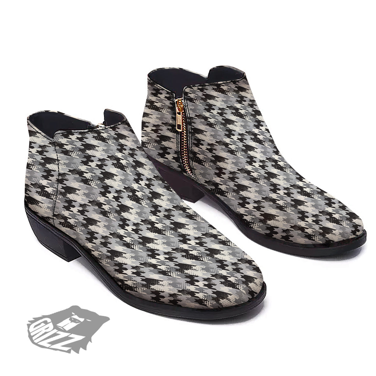Abstract Houndstooth And Dots Print Pattern Ankle Boots-grizzshop
