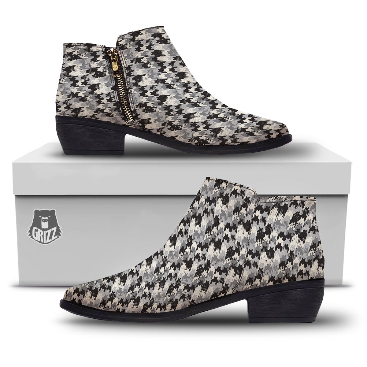 Abstract Houndstooth And Dots Print Pattern Ankle Boots-grizzshop