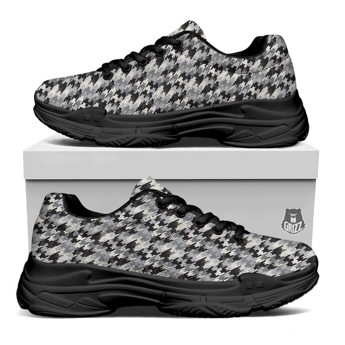 Abstract Houndstooth And Dots Print Pattern Black Chunky Shoes-grizzshop