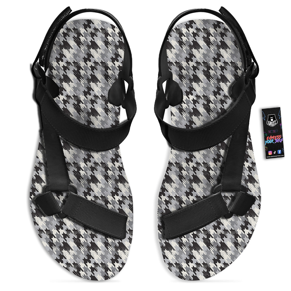 Abstract Houndstooth And Dots Print Pattern Black Open Toe Sandals-grizzshop