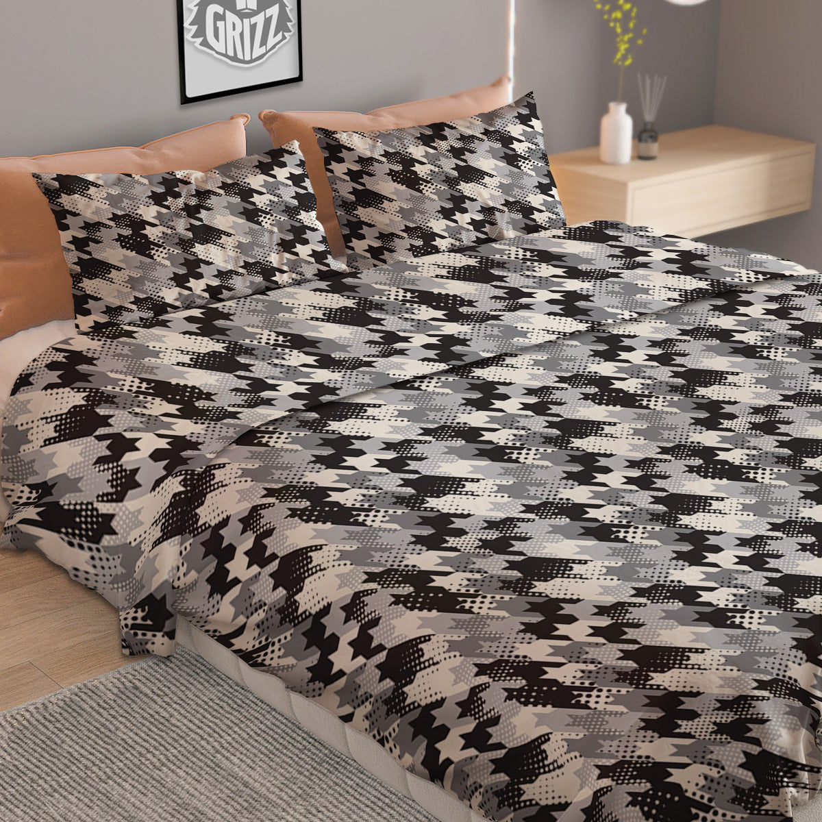 Abstract Houndstooth And Dots Print Pattern Duvet Cover Bedding Set