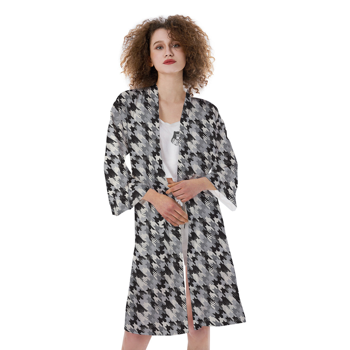 Abstract Houndstooth And Dots Print Pattern Kimono-grizzshop