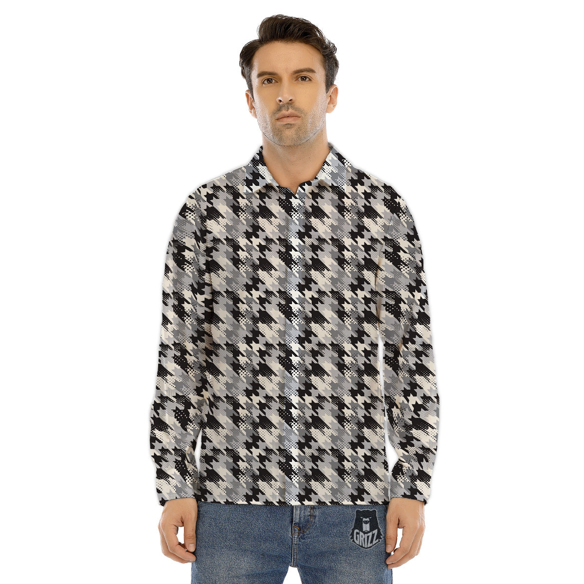 Abstract Houndstooth And Dots Print Pattern Men's Dress Shirts-grizzshop