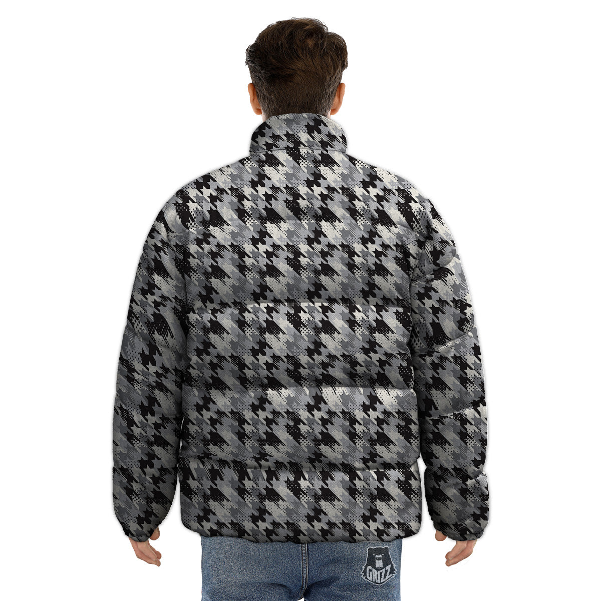 Abstract Houndstooth And Dots Print Pattern Puffer Jacket-grizzshop
