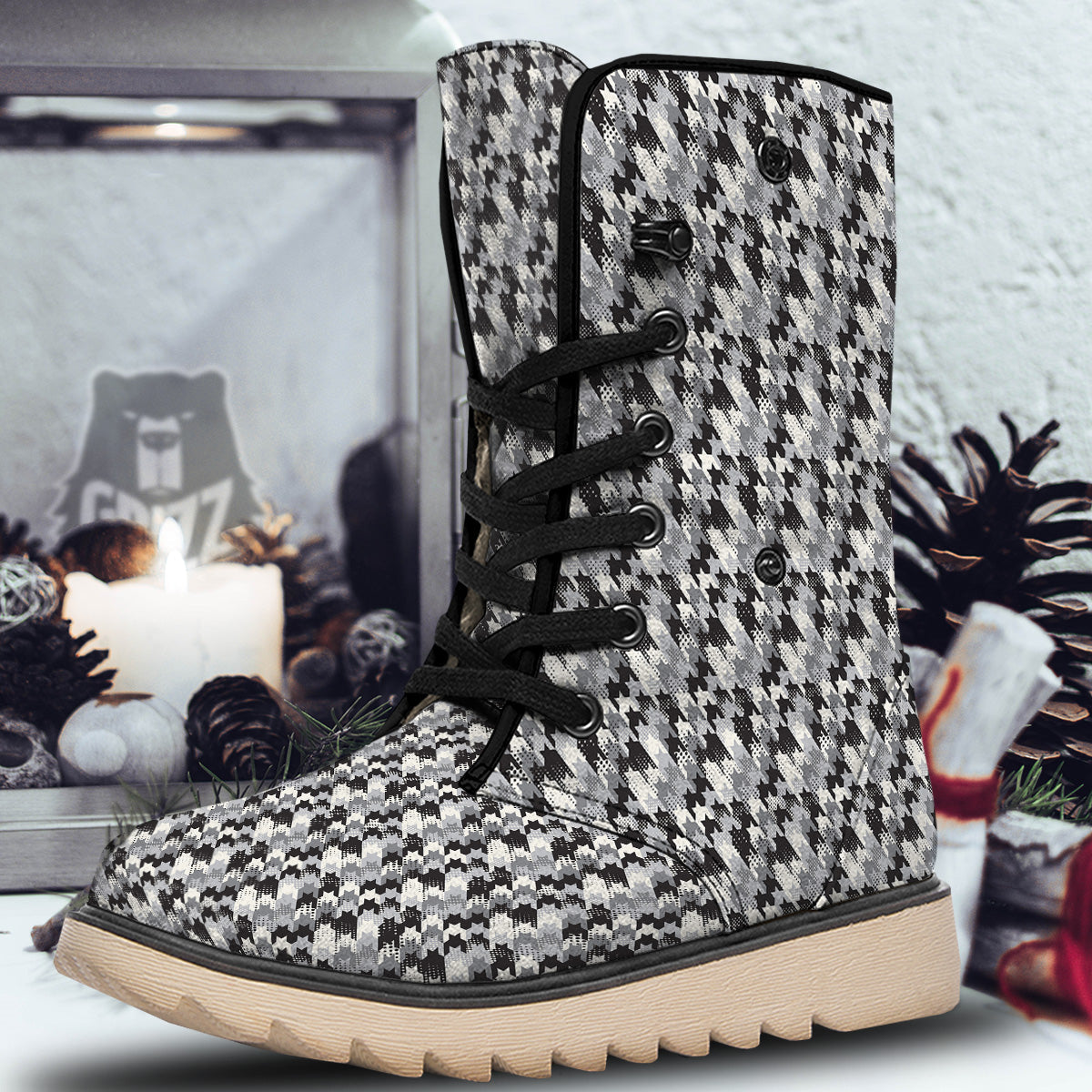 Abstract Houndstooth And Dots Print Pattern Snow Boots-grizzshop