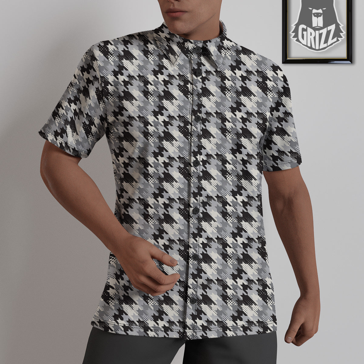 Abstract Houndstooth And Dots Print Pattern Untucked Shirts-grizzshop