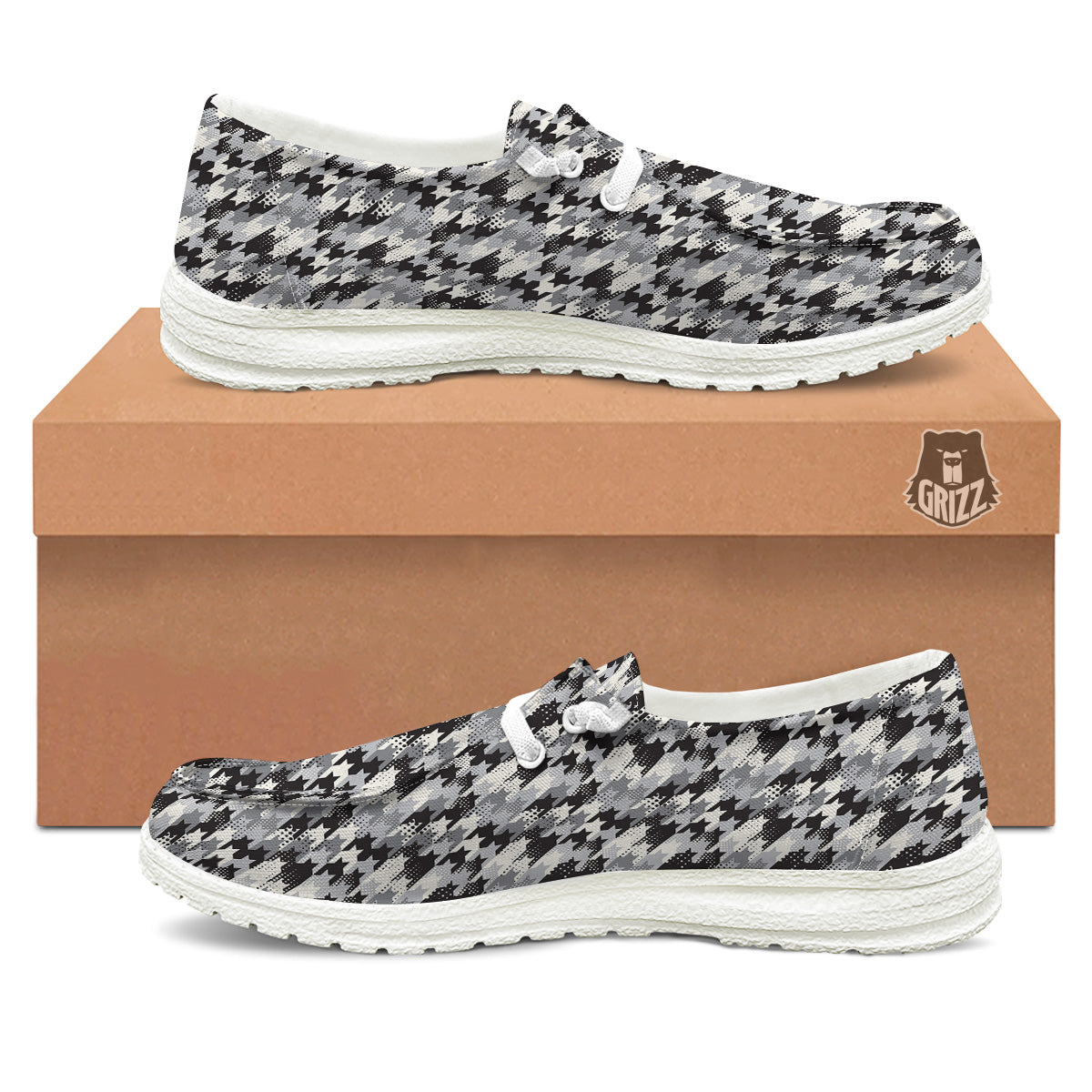 Abstract Houndstooth And Dots Print Pattern White Loafers-grizzshop
