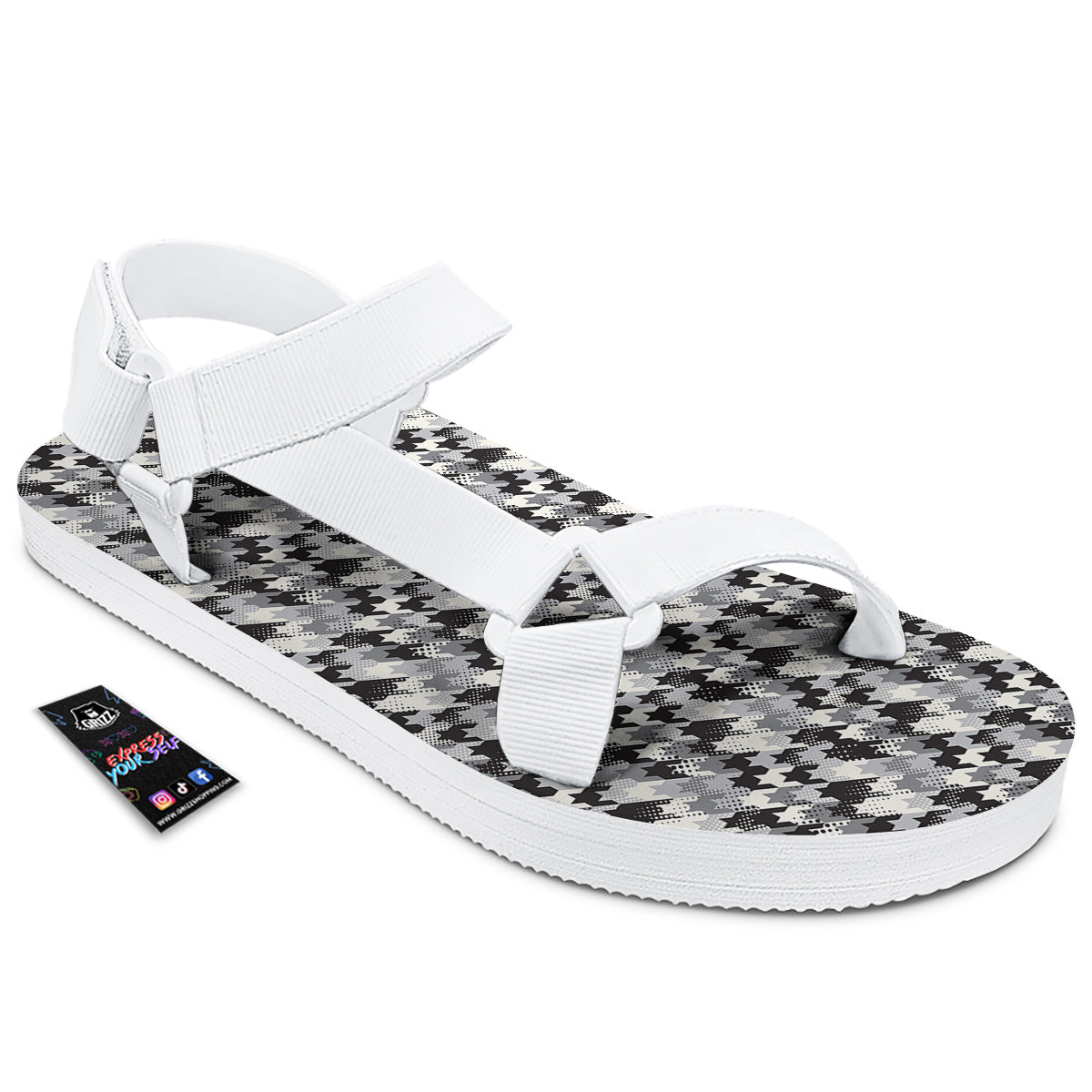 Abstract Houndstooth And Dots Print Pattern White Open Toe Sandals-grizzshop