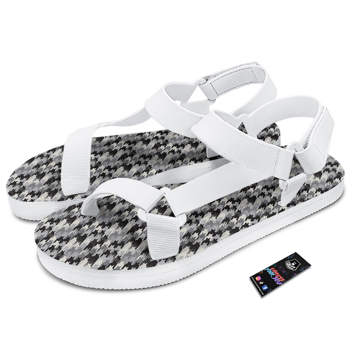 Abstract Houndstooth And Dots Print Pattern White Open Toe Sandals-grizzshop