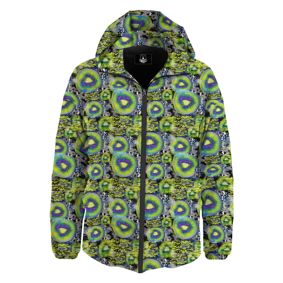 Abstract Kiwi Glitch Print Pattern Down Jacket-grizzshop