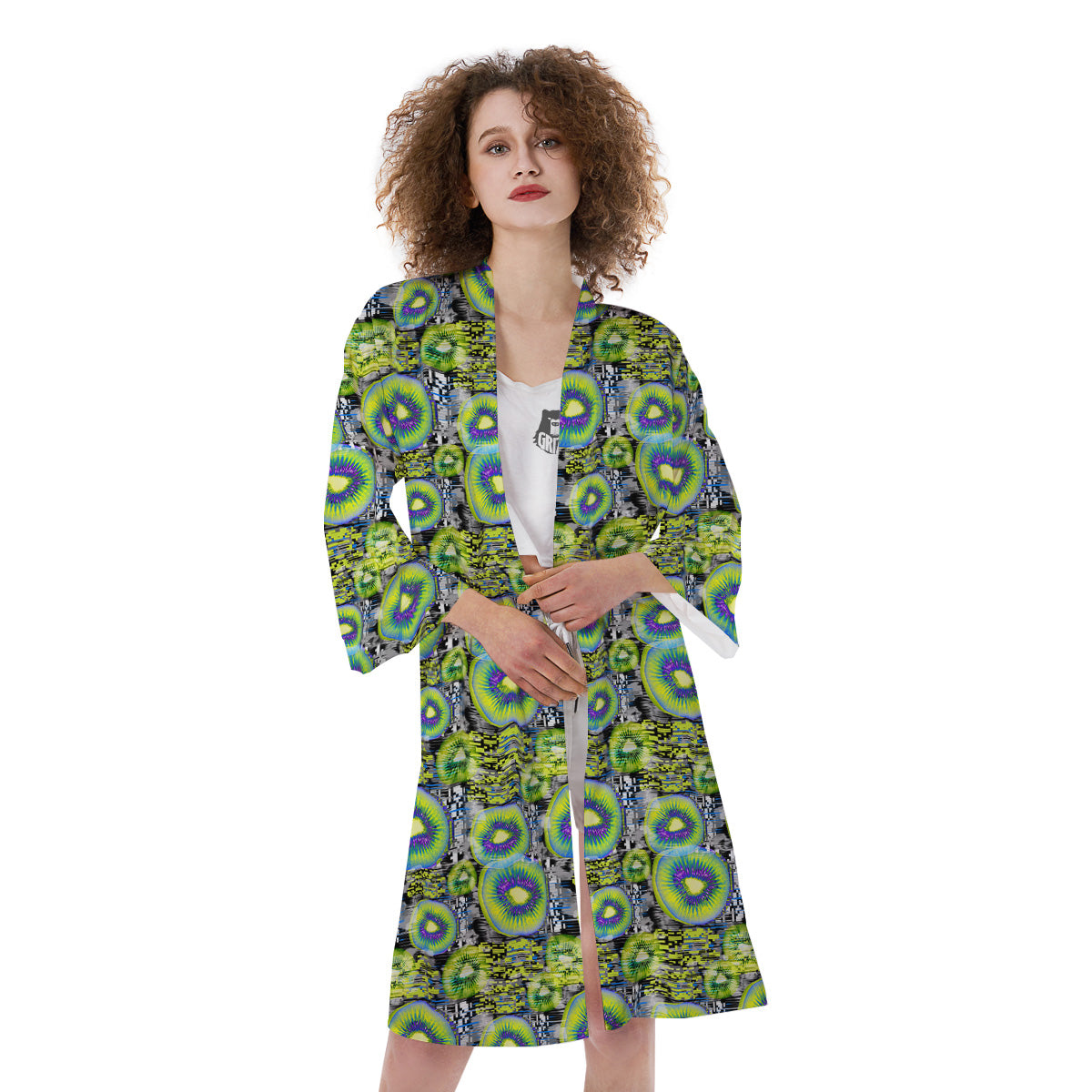 Abstract Kiwi Glitch Print Pattern Kimono-grizzshop