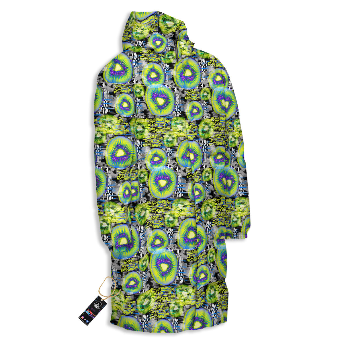 Abstract Kiwi Glitch Print Pattern Long Down Jacket-grizzshop