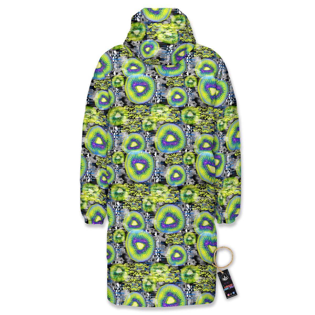 Abstract Kiwi Glitch Print Pattern Long Down Jacket-grizzshop