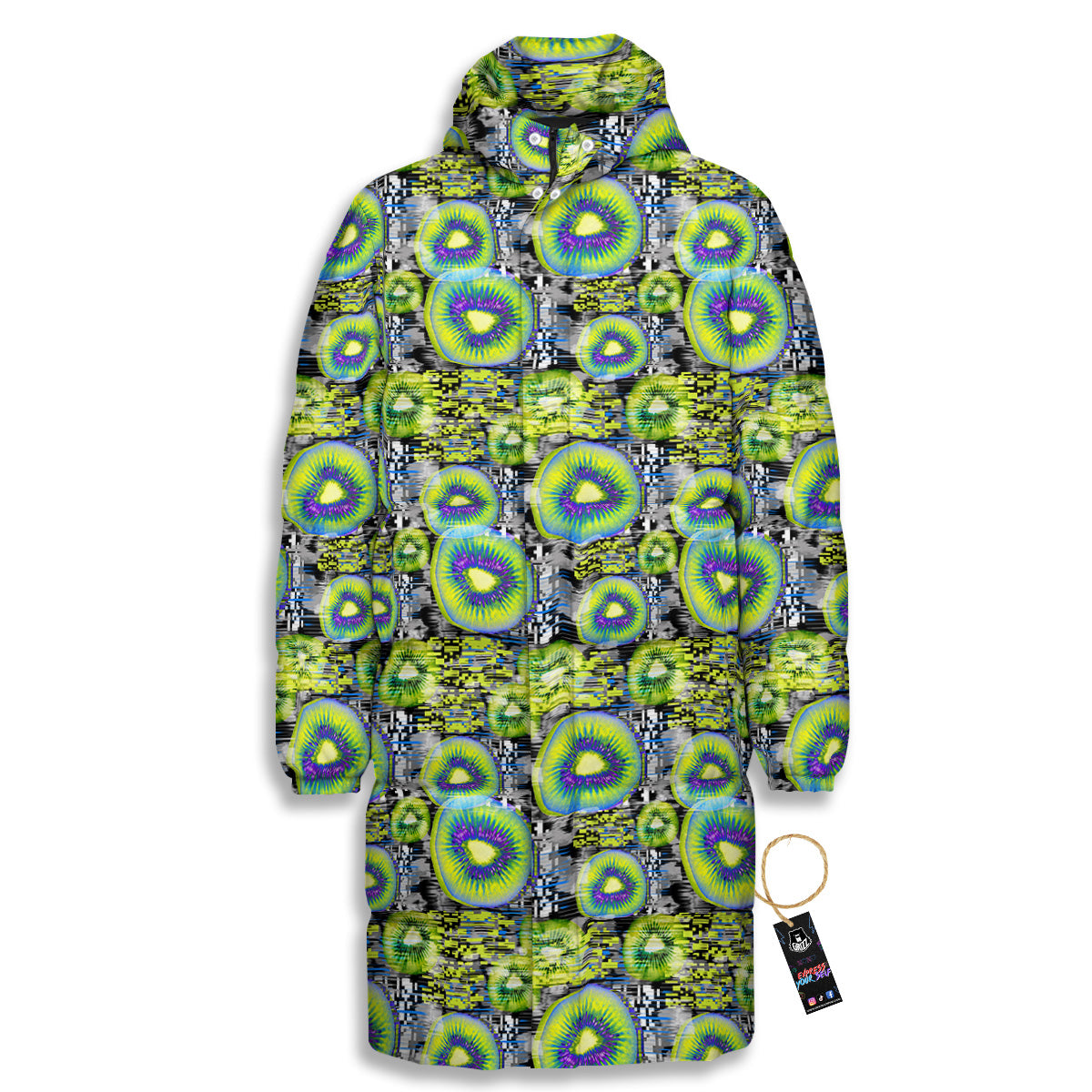 Abstract Kiwi Glitch Print Pattern Long Down Jacket-grizzshop