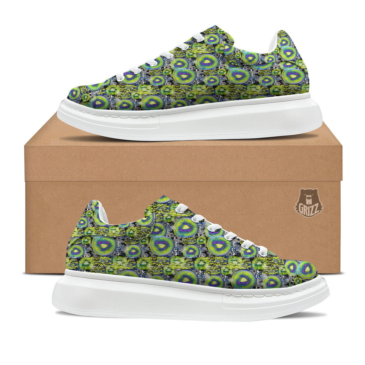 Abstract Kiwi Glitch Print Pattern Platform Shoes-grizzshop
