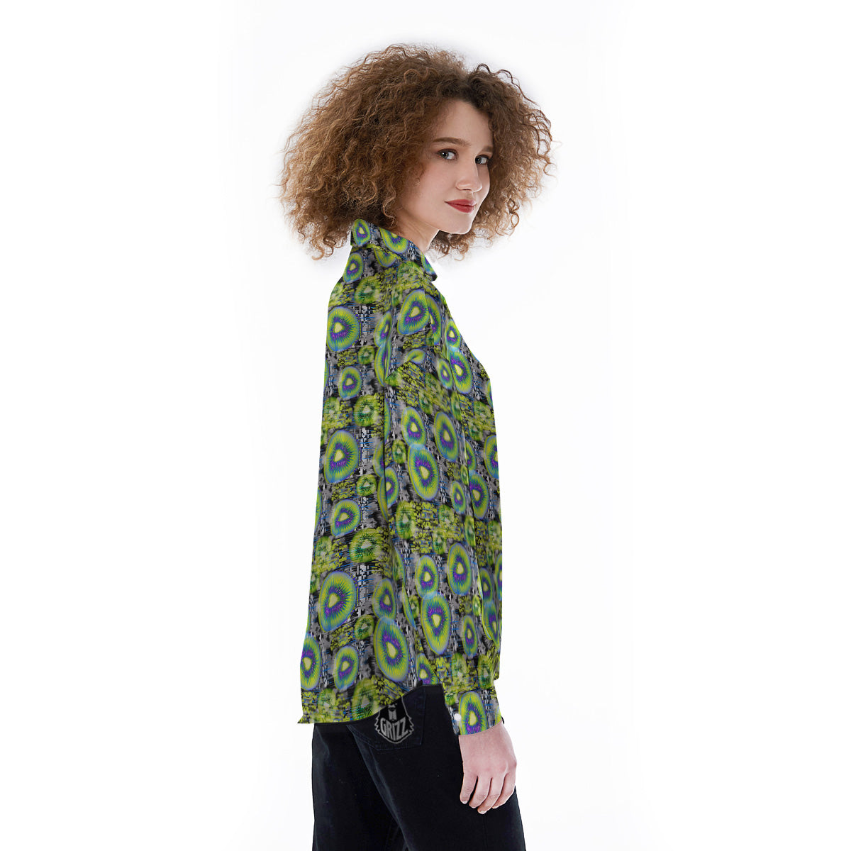 Abstract Kiwi Glitch Print Pattern Women's Long Sleeve Shirts-grizzshop