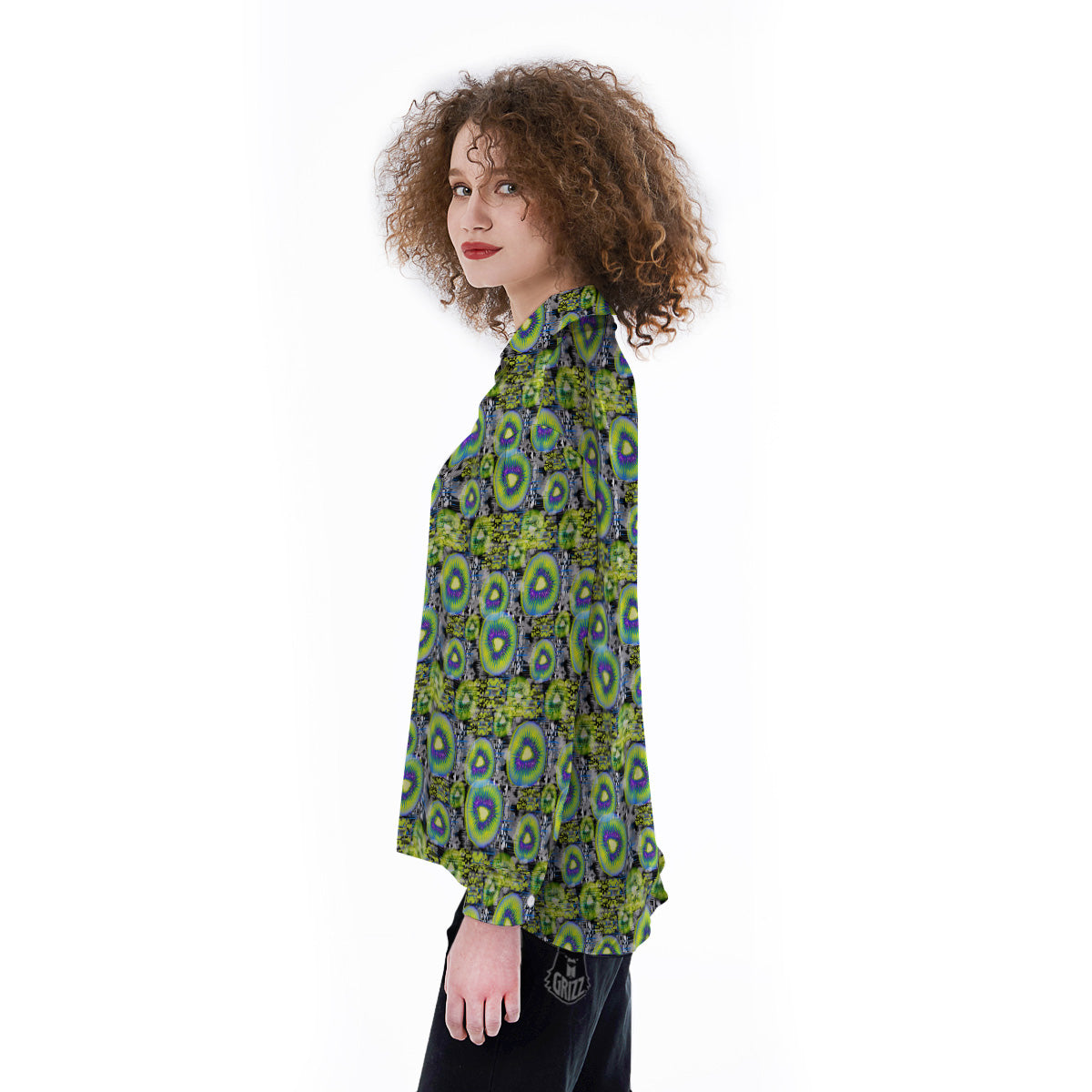 Abstract Kiwi Glitch Print Pattern Women's Long Sleeve Shirts-grizzshop