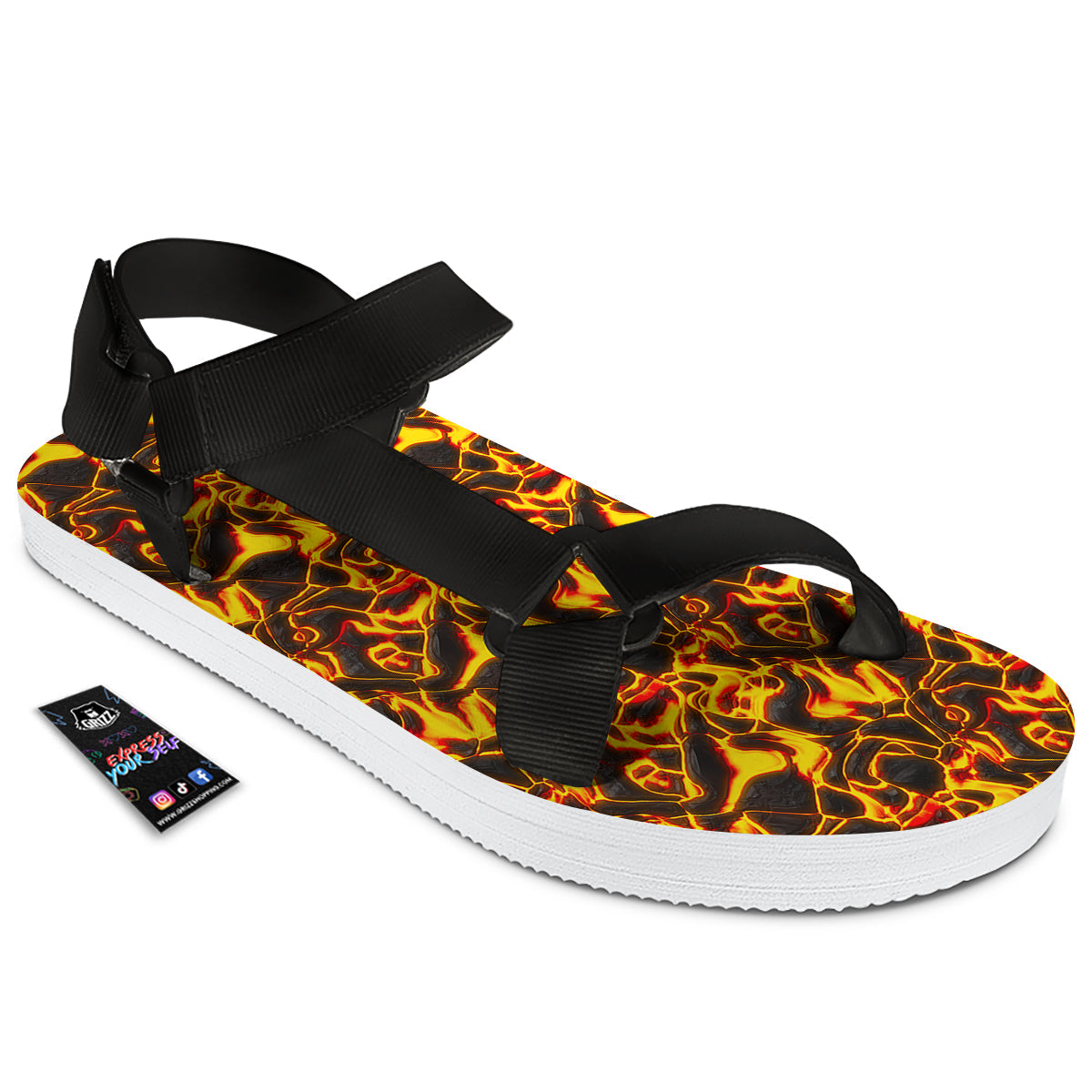 Abstract Lava And Fire Texture Print Black Open Toe Sandals-grizzshop