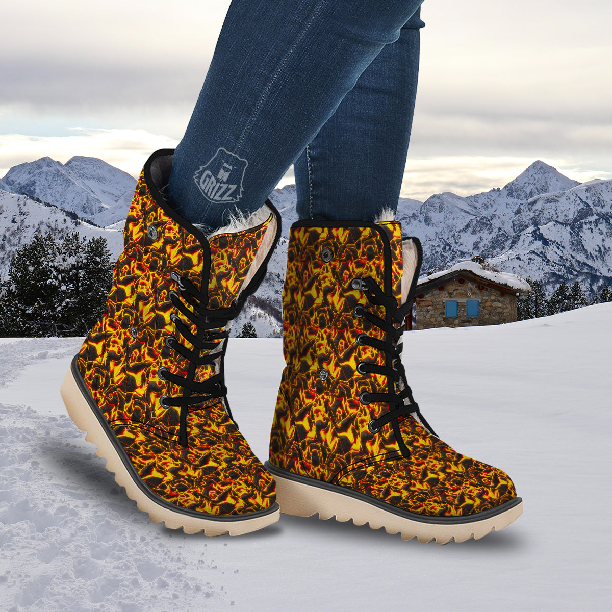 Abstract Lava And Fire Texture Print Snow Boots-grizzshop
