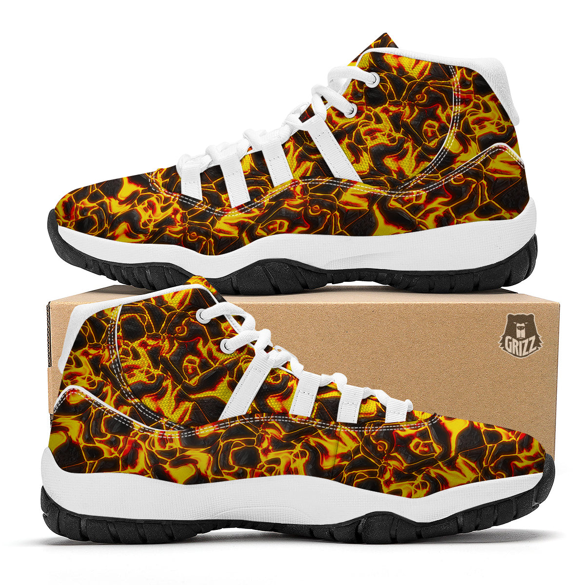 Abstract Lava And Fire Texture Print White Bball Shoes-grizzshop
