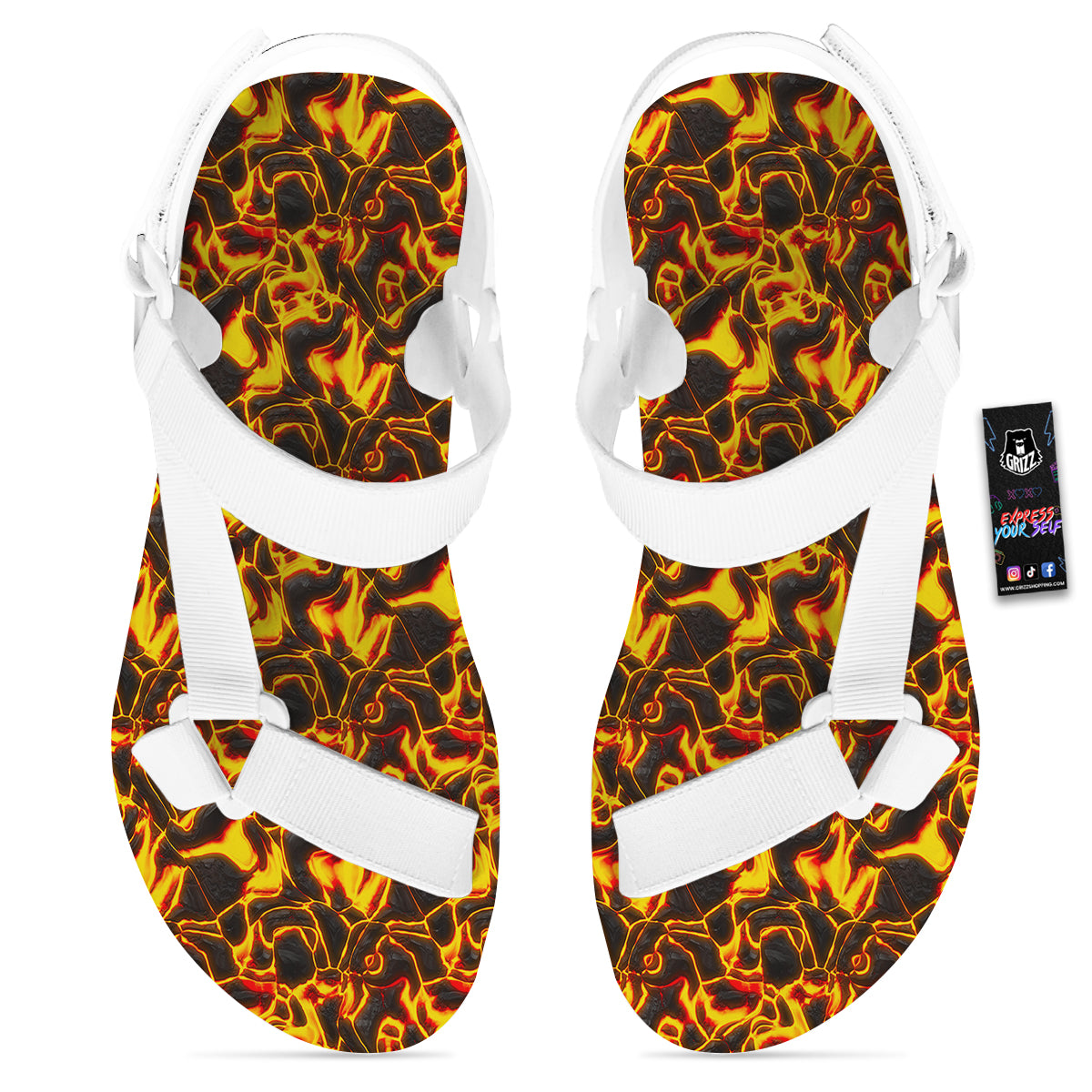 Abstract Lava And Fire Texture Print White Open Toe Sandals-grizzshop