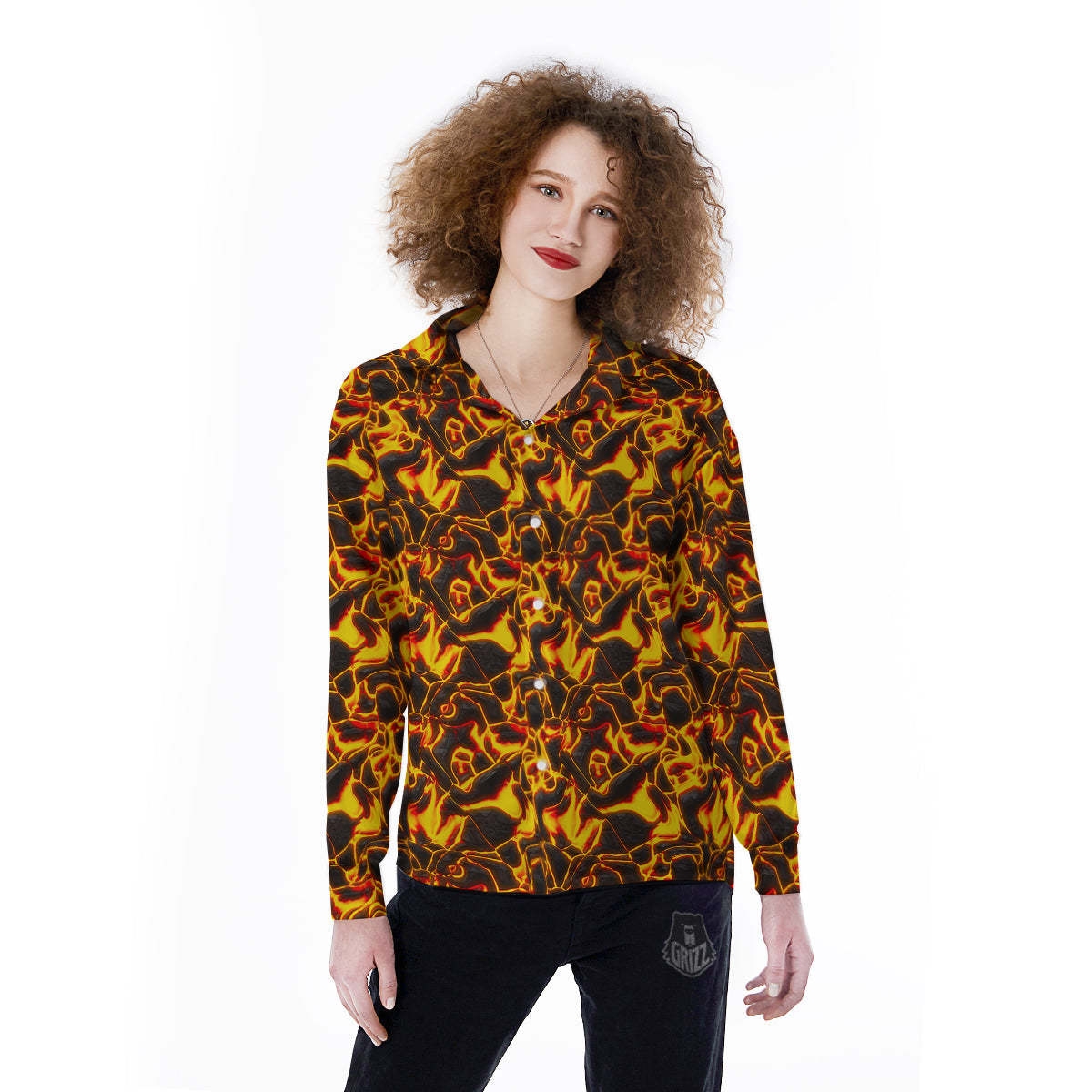 Abstract Lava And Fire Texture Print Women's Long Sleeve Shirts-grizzshop