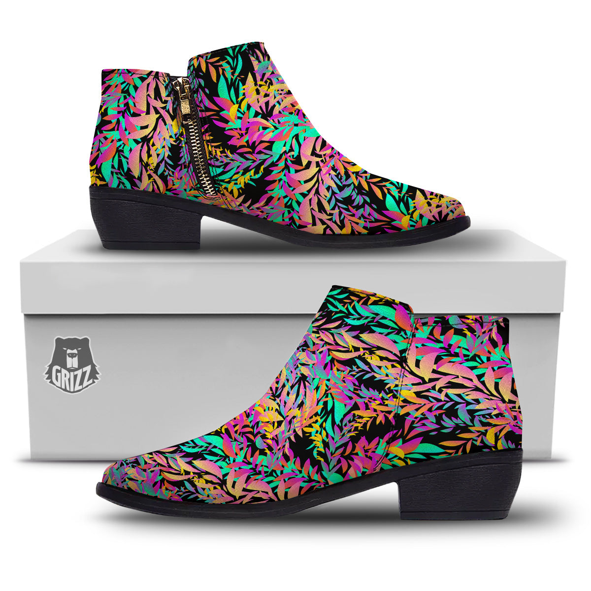 Abstract Leaf Neon Print Pattern Ankle Boots-grizzshop