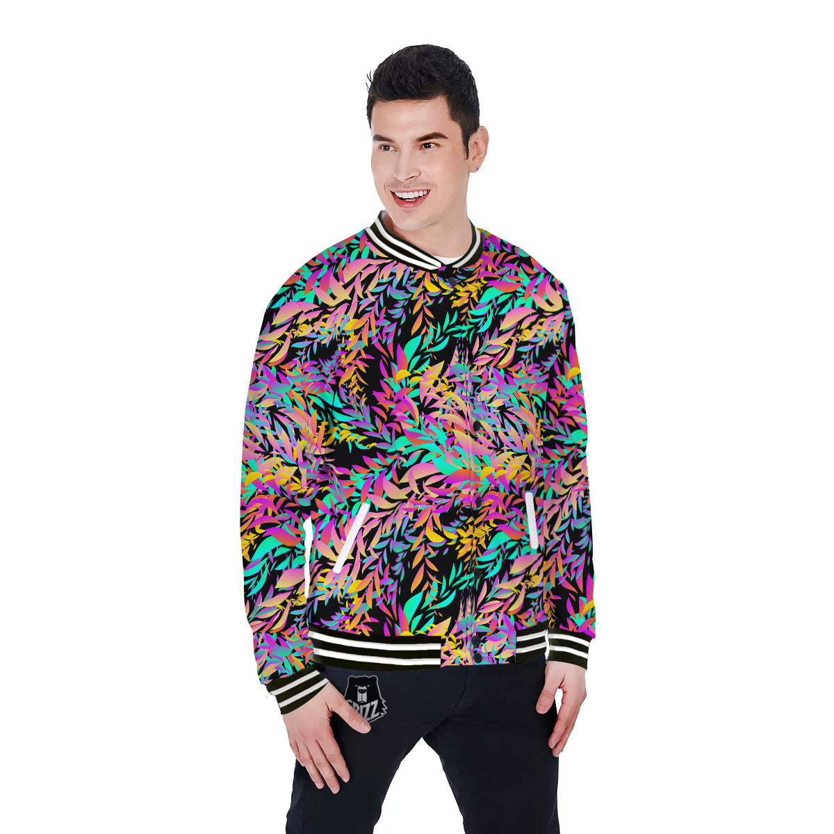 Abstract Leaf Neon Print Pattern Baseball Jacket-grizzshop