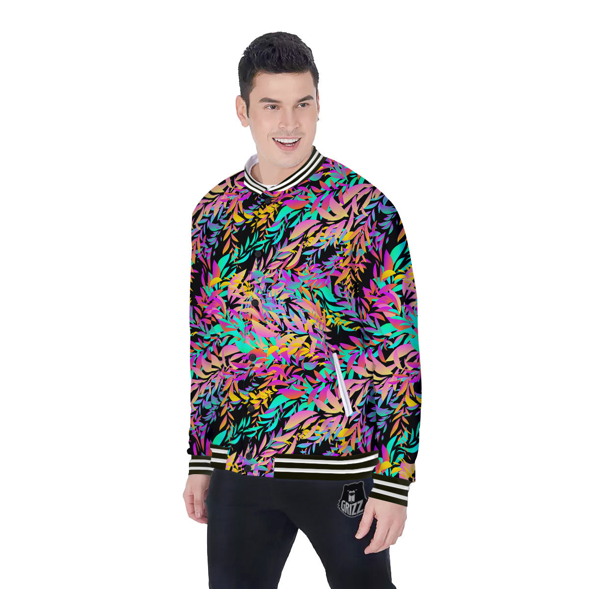 Abstract Leaf Neon Print Pattern Baseball Jacket-grizzshop
