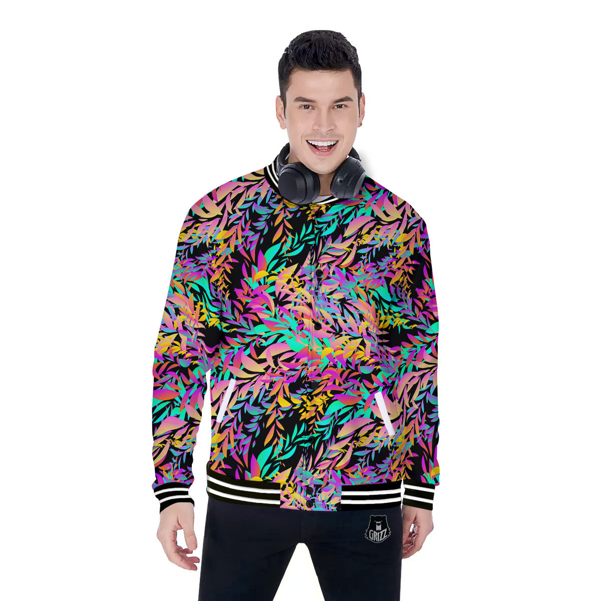 Abstract Leaf Neon Print Pattern Baseball Jacket-grizzshop