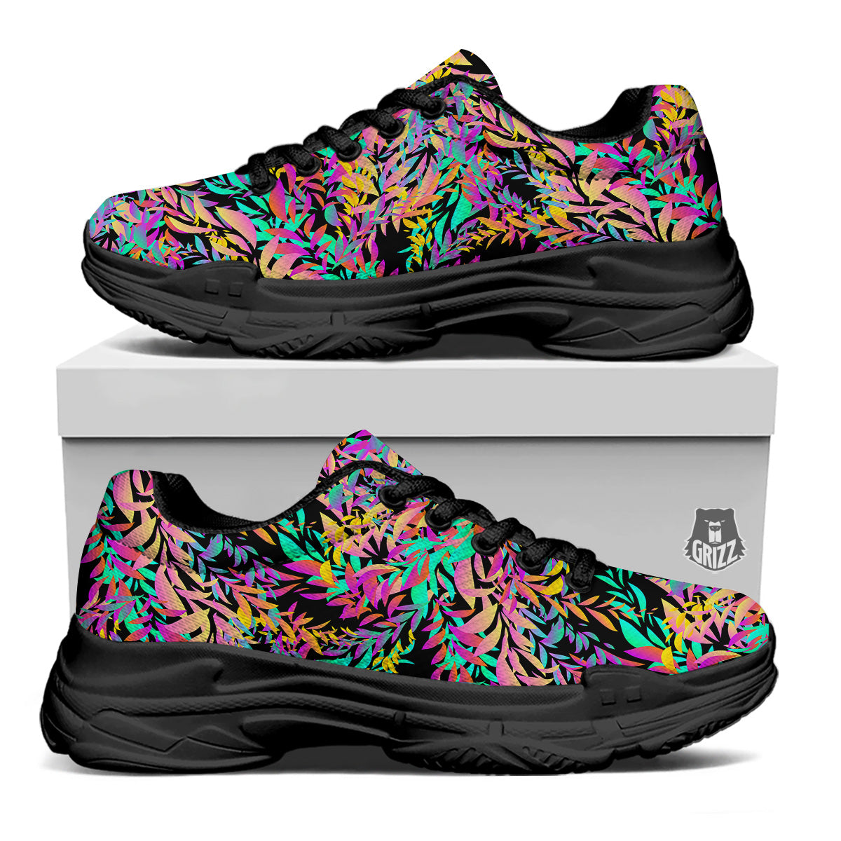 Abstract Leaf Neon Print Pattern Black Chunky Shoes-grizzshop