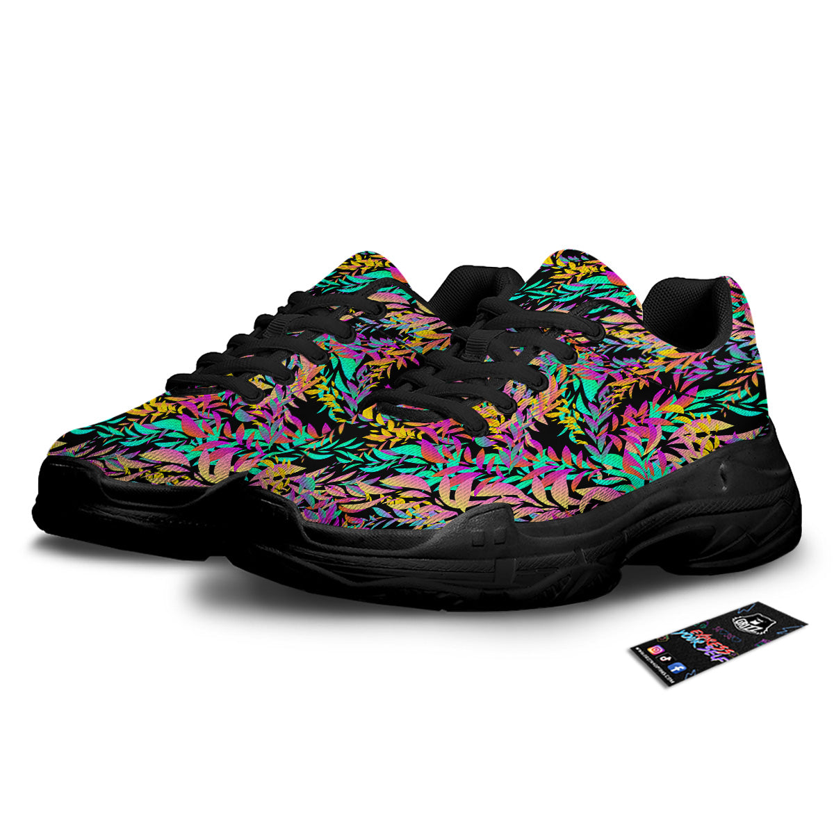 Abstract Leaf Neon Print Pattern Black Chunky Shoes-grizzshop