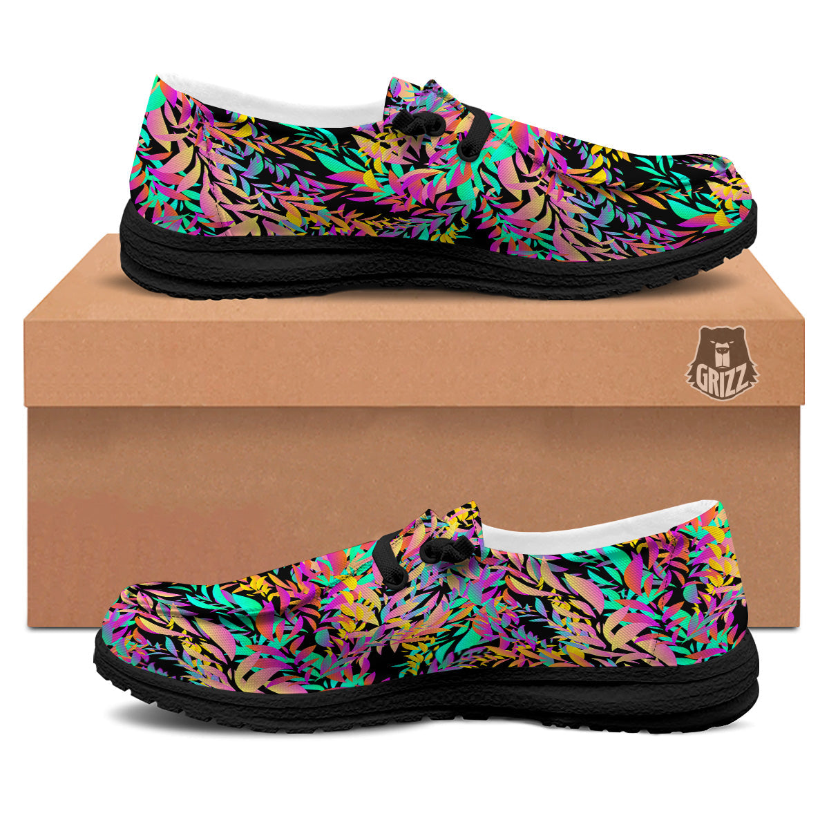 Abstract Leaf Neon Print Pattern Black Loafers-grizzshop
