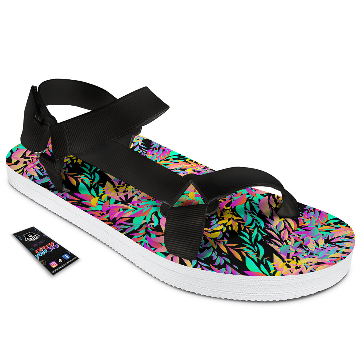 Abstract Leaf Neon Print Pattern Black Open Toe Sandals-grizzshop