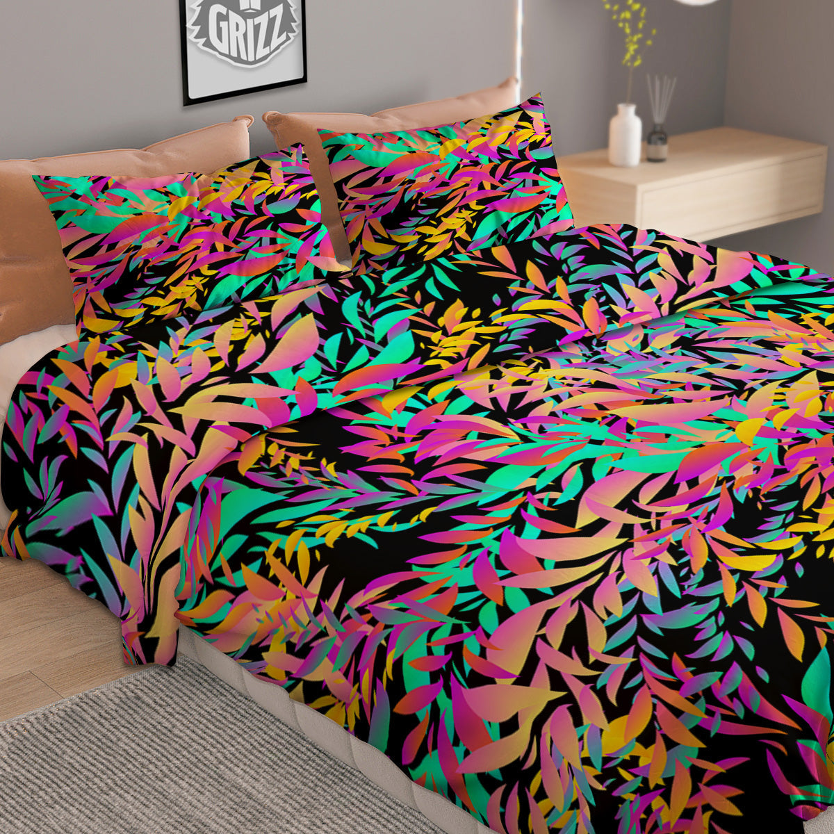 Abstract Leaf Neon Print Pattern Duvet Cover Bedding Set