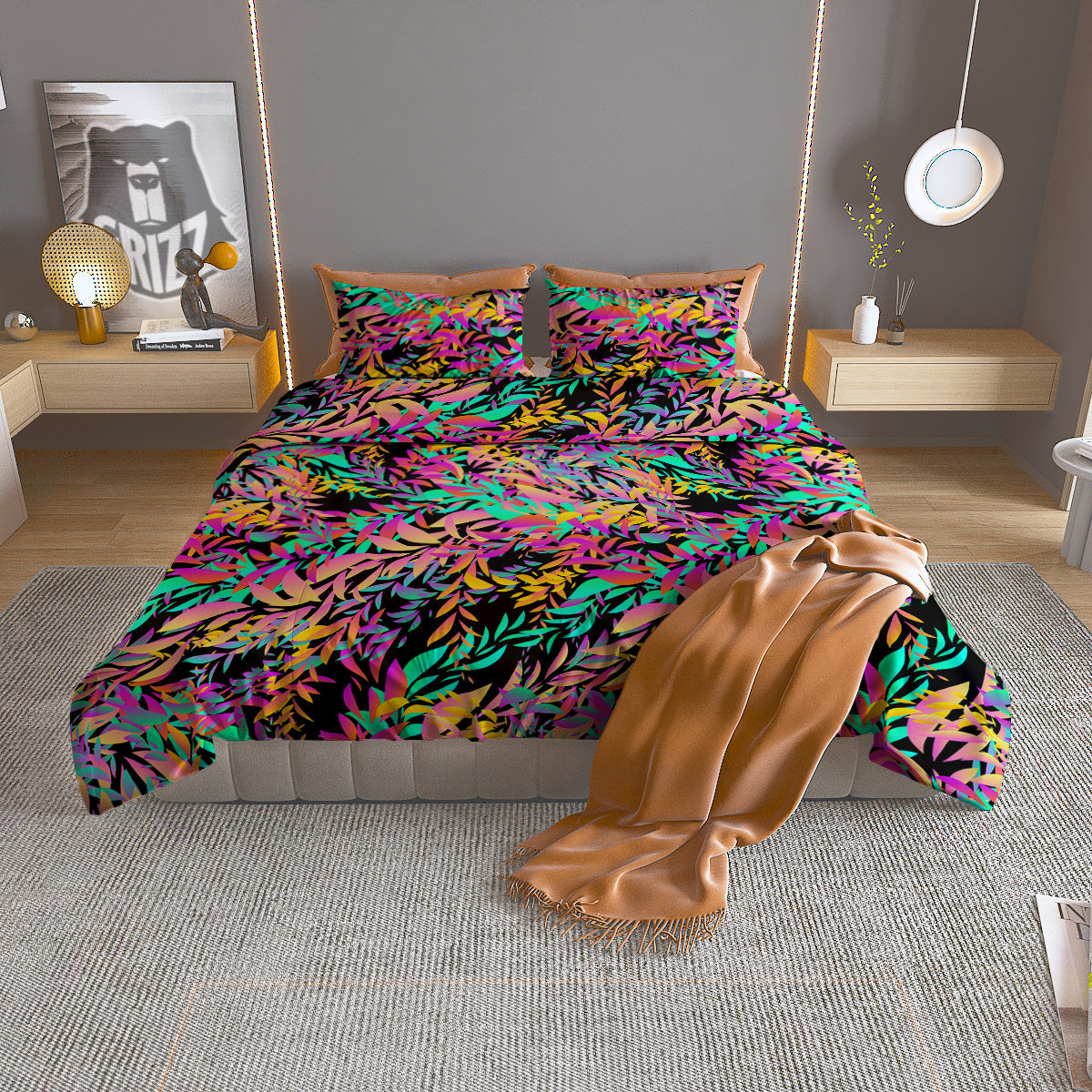 Abstract Leaf Neon Print Pattern Duvet Cover Bedding Set