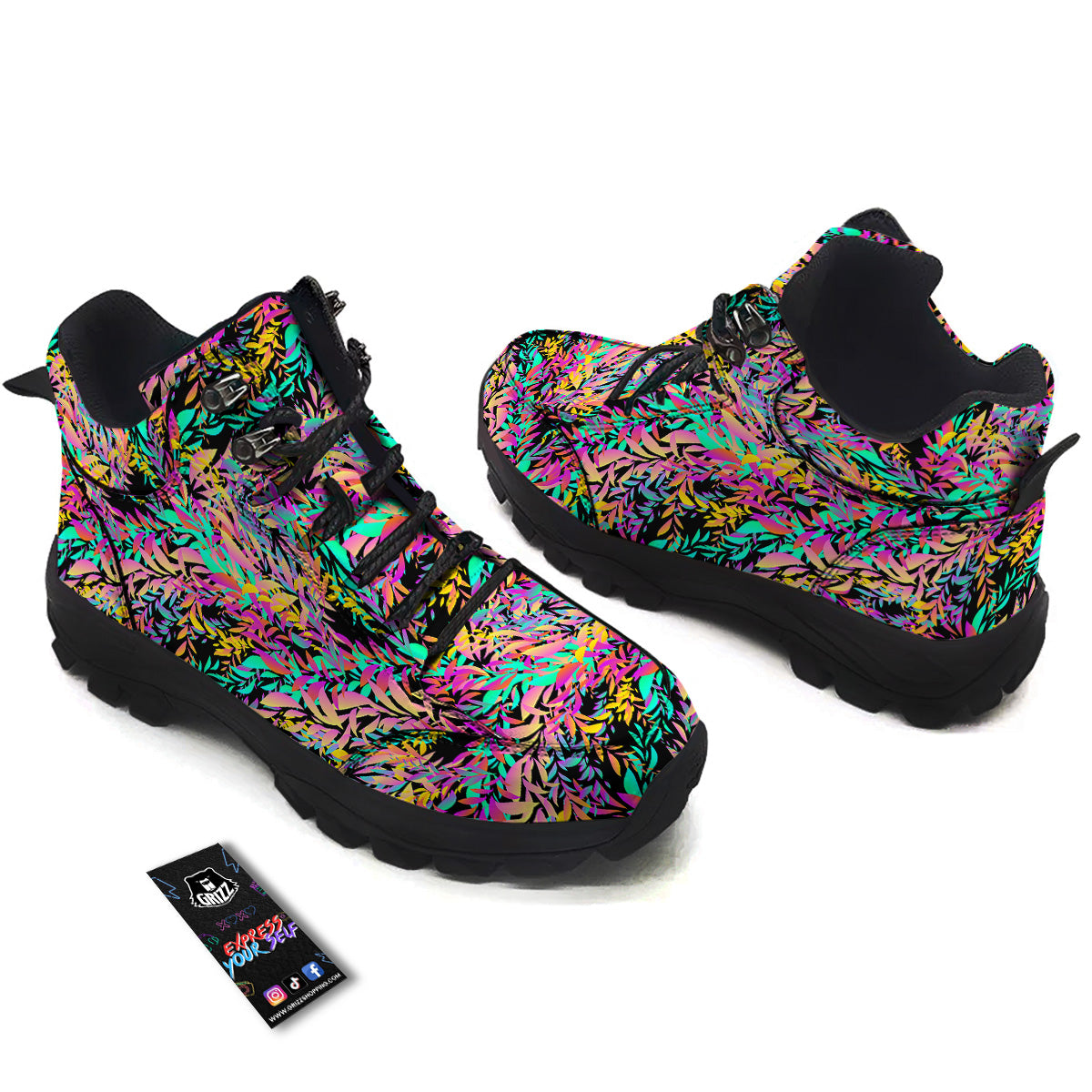 Abstract Leaf Neon Print Pattern Hiking Shoes-grizzshop