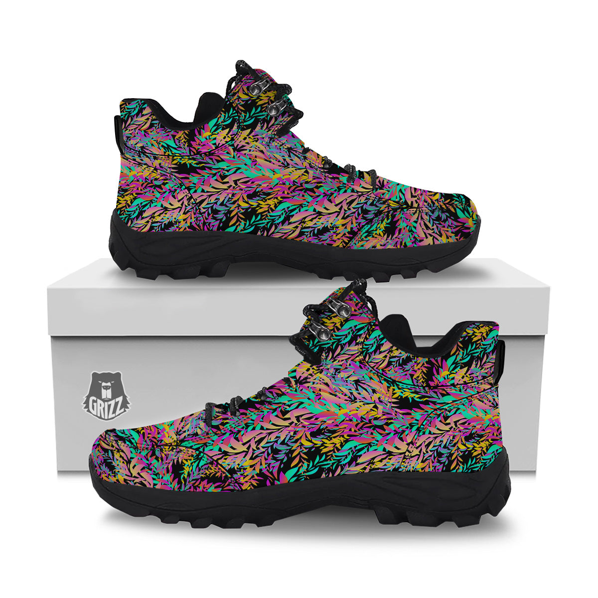 Abstract Leaf Neon Print Pattern Hiking Shoes-grizzshop
