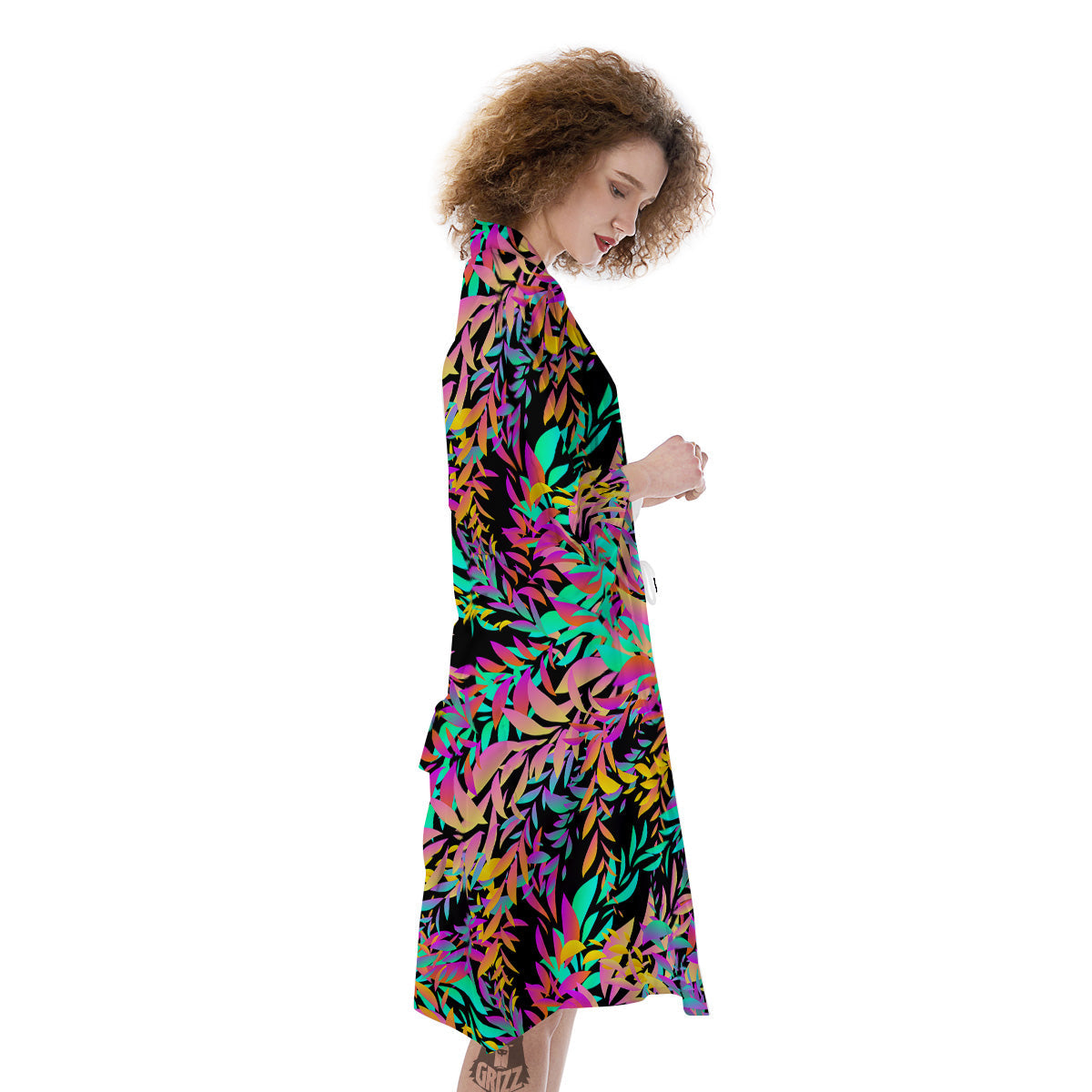Abstract Leaf Neon Print Pattern Kimono-grizzshop