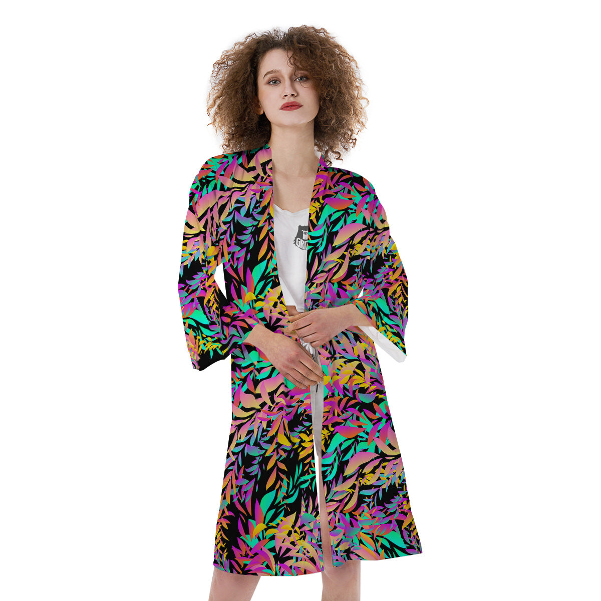 Abstract Leaf Neon Print Pattern Kimono-grizzshop