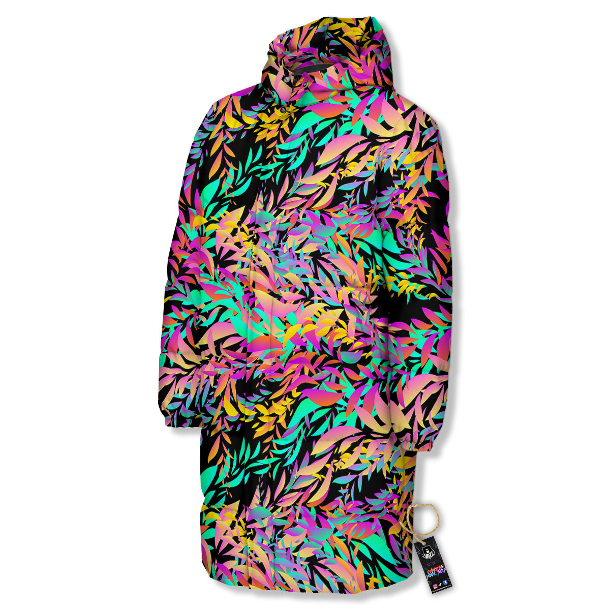 Abstract Leaf Neon Print Pattern Long Down Jacket-grizzshop