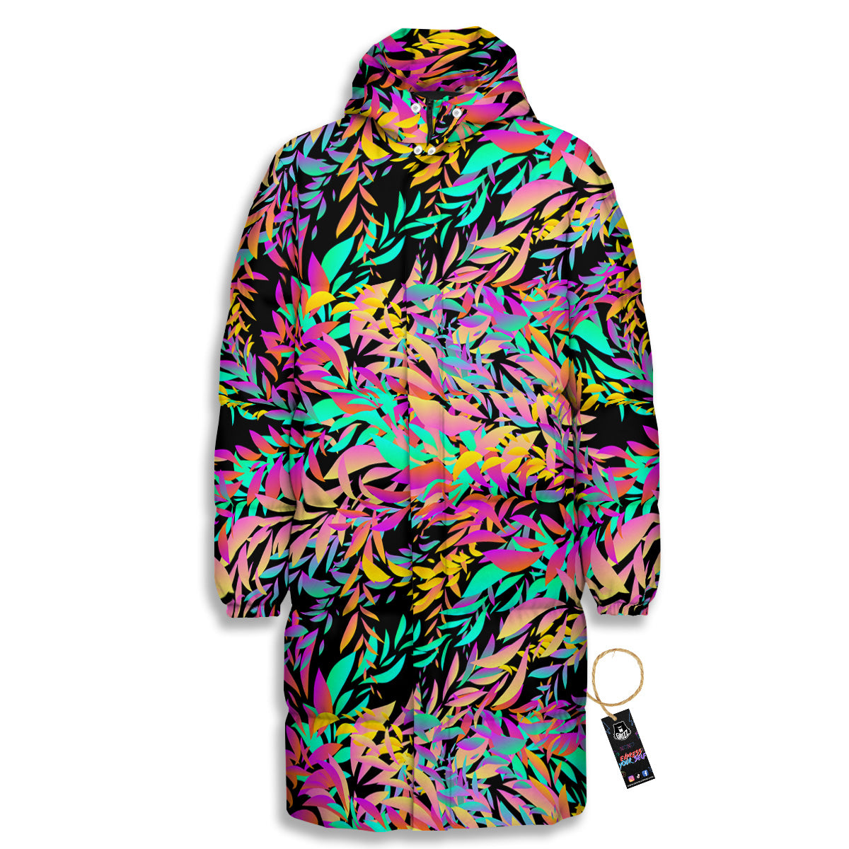 Abstract Leaf Neon Print Pattern Long Down Jacket-grizzshop
