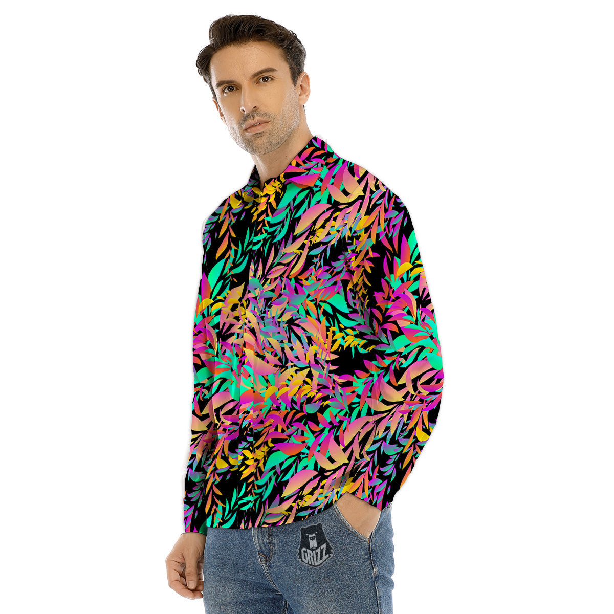 Abstract Leaf Neon Print Pattern Men's Dress Shirts-grizzshop