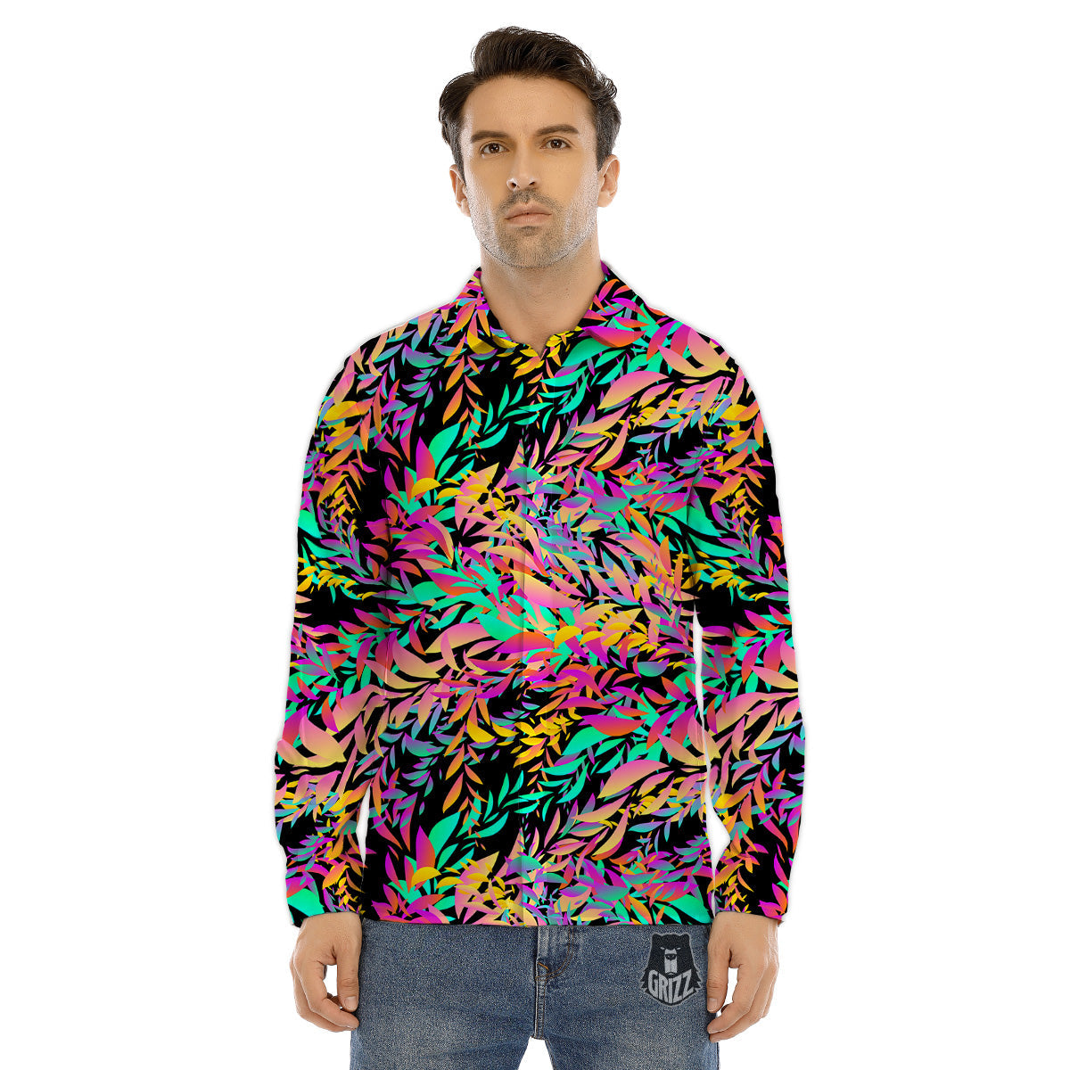 Abstract Leaf Neon Print Pattern Men's Dress Shirts-grizzshop