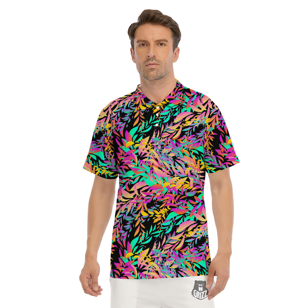 Abstract Leaf Neon Print Pattern Men's Golf Shirts-grizzshop