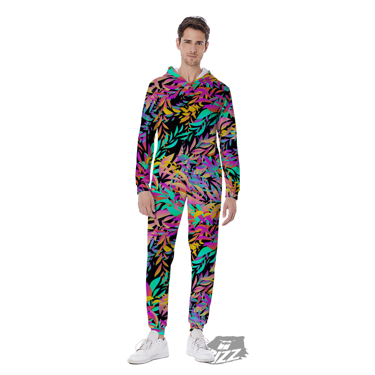 Abstract Leaf Neon Print Pattern Men's Jumpsuit-grizzshop