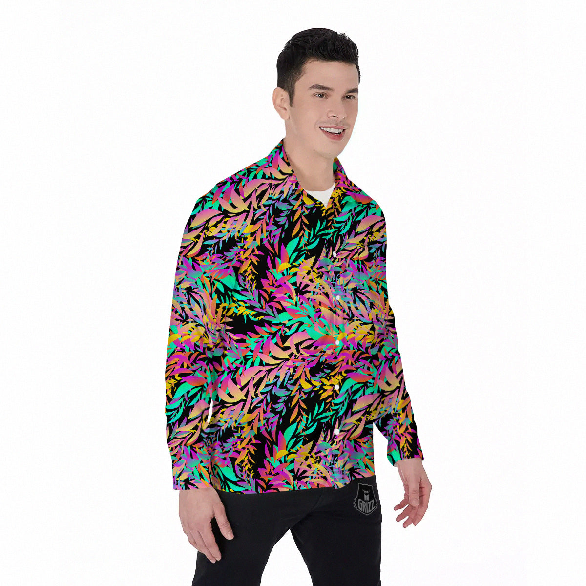 Abstract Leaf Neon Print Pattern Men's Long Sleeve Shirts-grizzshop